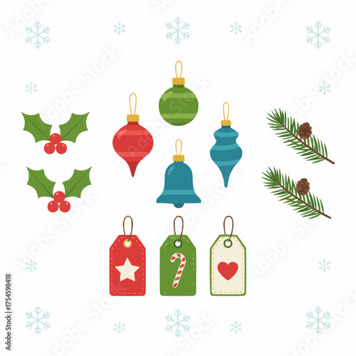 Vector christmas ornaments holly sprigs gift tags festive holiday decorations scalable illustration