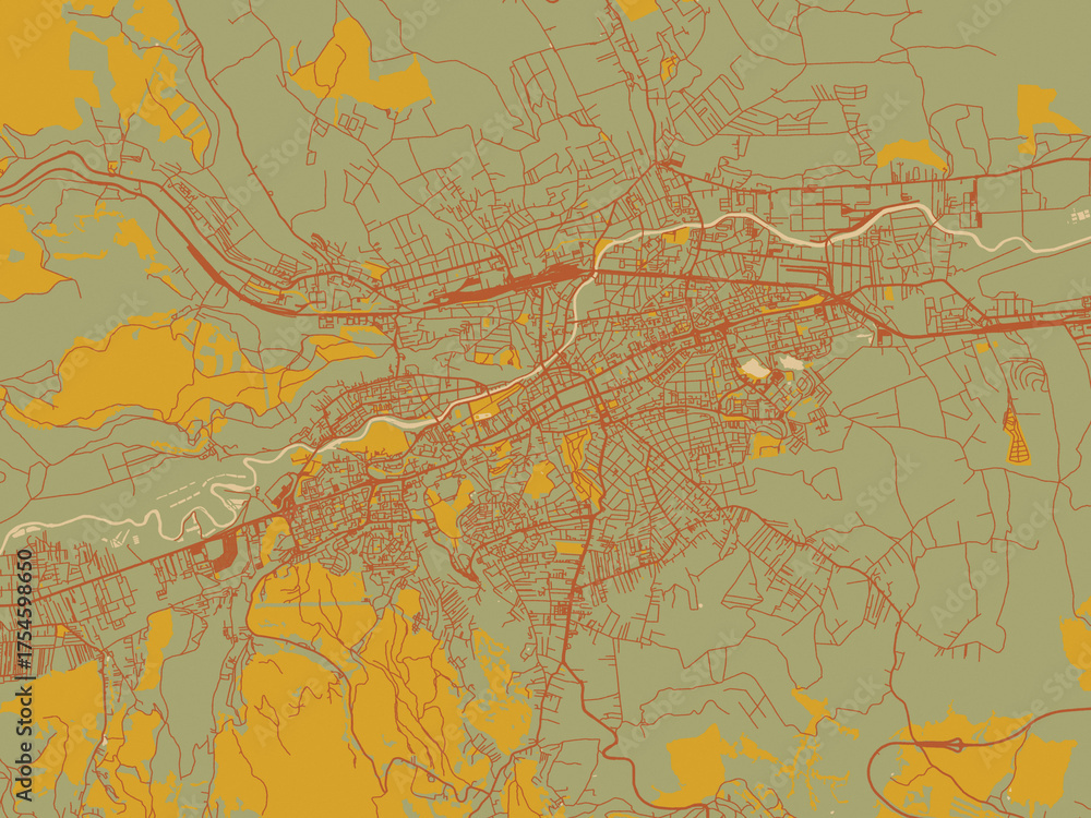 Fototapeta premium Abstract flat-design map of Cluj-Napoca, Romania, featuring sage green ground with rust-red roads and ochre accents.
