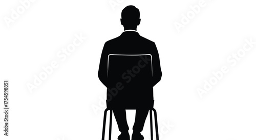 Rear view silhouette of an anonymous man in a suit sitting on a chair, isolated on a white background, representing business concepts like waiting or contemplation