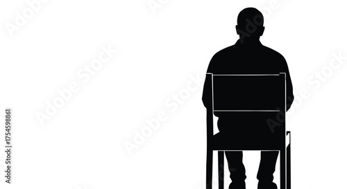 Graphic depiction of a person's silhouette sitting alone on a chair, back to the viewer, conveying a sense of solitude or anticipation against a stark white background