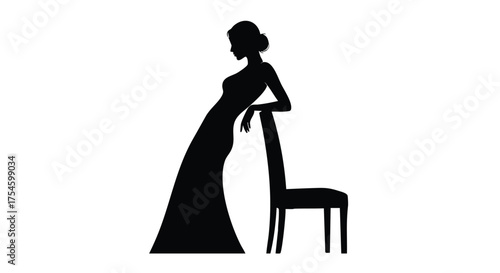 Elegant Silhouette of a Woman in Evening Gown Leaning on a Chair