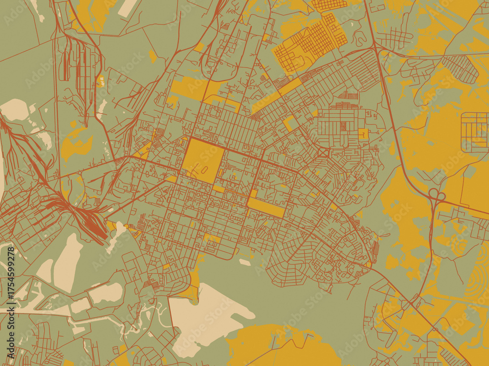 Fototapeta premium Decorative flat city map of Berezniki, Russian Federation using muted sage base, rust-colored roads, and soft ochre highlights.