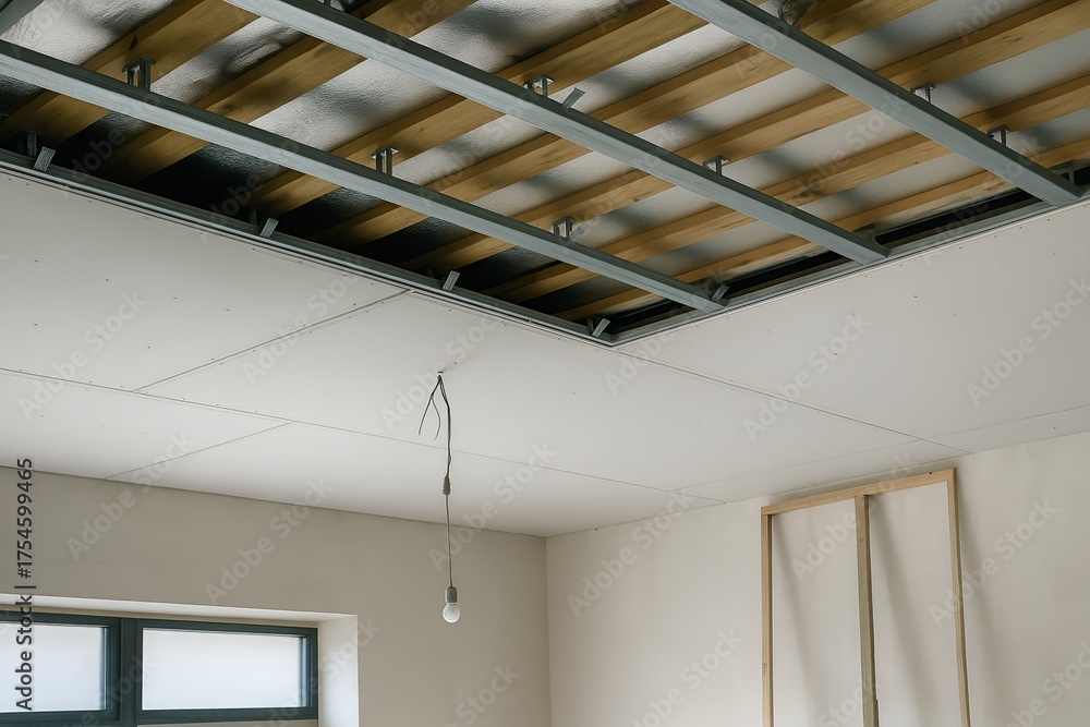 Obraz premium Interior construction and ceiling installation – exposed framework, hanging bulb, and renovation materials in progress