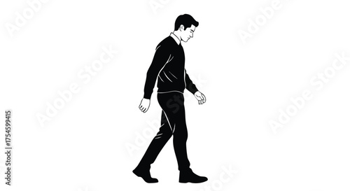 Minimalist black and white illustration of a man walking in profile. A simple vector graphic depicting a person in motion, isolated on a white background