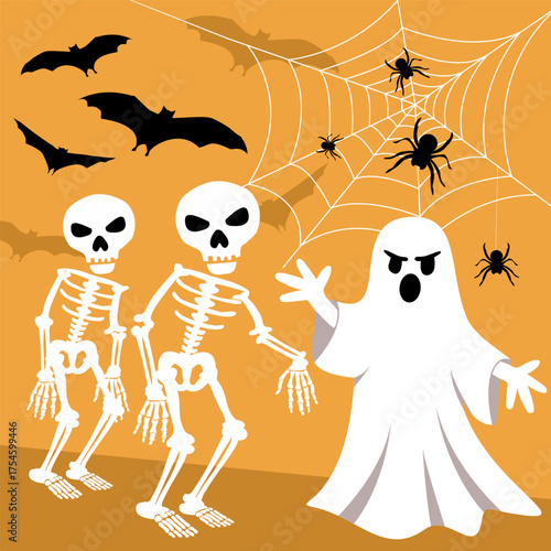 Halloween illustration with ghost, skeletons, bats, and spider web