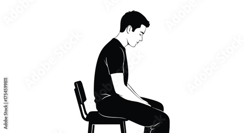 Illustration of a man demonstrating poor posture while seated, depicting the adverse effects of slouching on health, comfort, and mental well-being, emphasizing fatigue and introspection