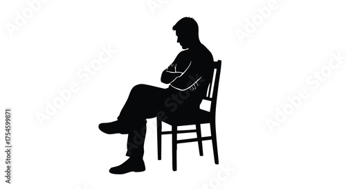 Minimalist silhouette of a man in a thoughtful pose, seated on a chair with arms and legs crossed, representing contemplation, waiting, or a moment of reflection