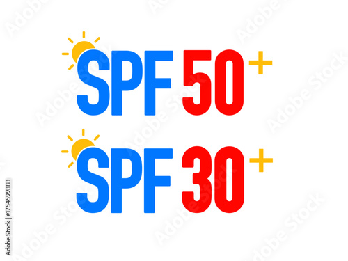 SPF 50+ and SPF 30+ label design for sunblock products. Skincare products package design. Vector illustration.