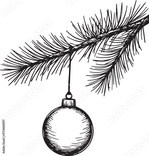 A festive Christmas ornament is delicately suspended from a slender evergreen branch, capturing the holiday spirit. This elegant sketch evokes a sense of tradition and the joy of winter celebrations.