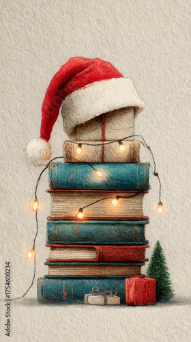 Festive Stack of Christmas Books with Santa Hat and Fairy Lights