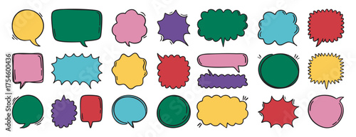 Colorful funky outlined speech bubbles with explosion effect doodle comic dialog frames