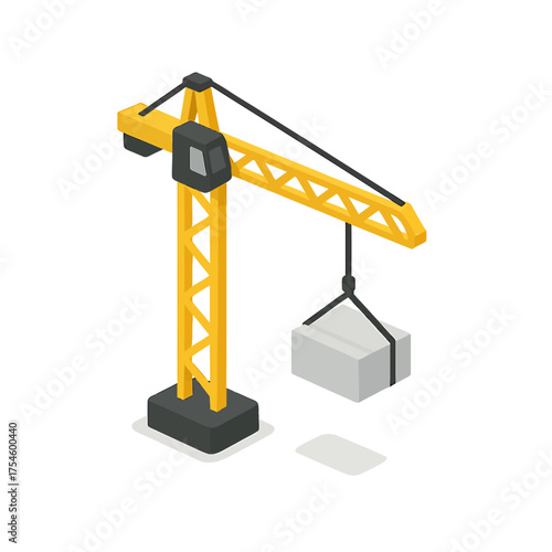 Construction crane lifting a heavy load in an isometric view, representing industry and heavy machinery