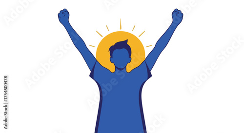 Cheerful person with raised arms under the sun - Vector illustration for success, happiness, and joy concepts