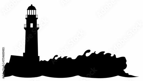 Silhouette of a lighthouse with a dome top and waves crashing against the rocks in a black and white image