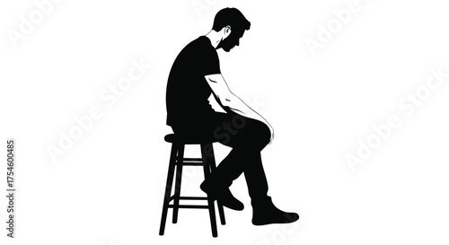 Minimalist silhouette of a pensive man sitting on a stool, head bowed in quiet contemplation, evoking concepts of solitude and introspection