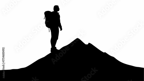 Silhouette of a hiker with backpack standing on a mountain peak against a white background, looking ahead