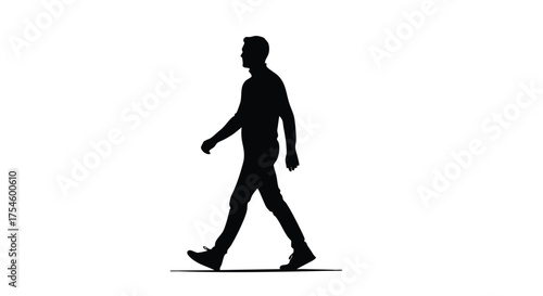 Vector silhouette of a solitary man walking in profile. An isolated black and white illustration of a person in motion, representing a journey or forward movement