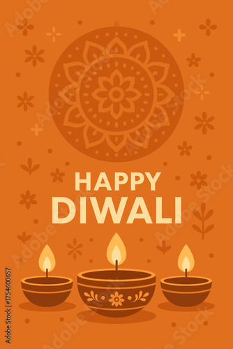 Diwali illustration with three glowing earthen lamps, intricate patterns, and a mandala design on a vibrant orange background, ideal for greetings