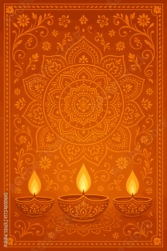 Diwali Celebration with Lit Oil Lamps and Floral Mandala