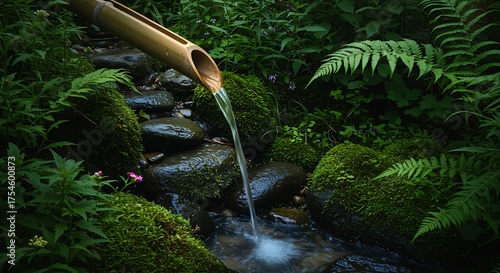 Fototapeta Naklejka Na Ścianę i Meble -  Tranquil bamboo spout pouring water into a mossy stream in a lush forest