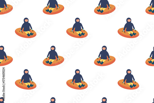 Winter seamless pattern. Family walk in  fresh air. Games and entertainment outside in winter. Child is sledding in  snow. Flat vector design. For wallpaper, textile, packaging, background or website.