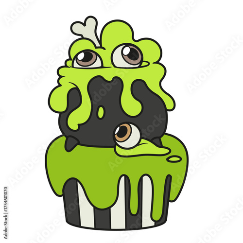 Biscuit cake with Halloween witch cauldron eith potion decoration on white background