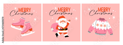 Merry Christmas and happy new year with Santa Claus, snow skates and warm knitted sweater. Holiday cartoon character in winter season.