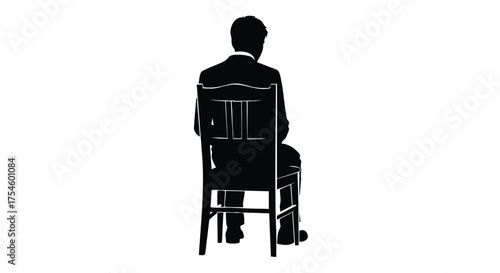 A stark black and white silhouette illustration of a person in formal attire sitting on a classic wooden chair, viewed from the back, evoking contemplation or waiting