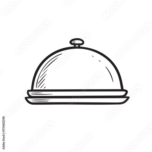 Hand drawn sketch of a silver food cloche or serving dome on a plate with a simple handle