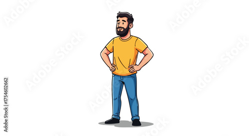 A confident cartoon man with a beard and yellow t-shirt standing with hands on hips, looking proud. Vector illustration isolated on a white background