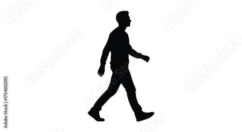 Stylized black silhouette illustration of a man walking, depicting human movement, forward motion, and active progress, versatile for graphic design, icons, and conceptual visuals