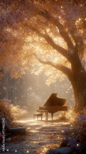Enchanting Grand Piano Under a Golden Glowing Tree in a Magical Forest