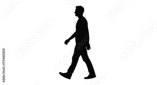 Silhouette of a person walking, isolated on a white background, representing movement and action