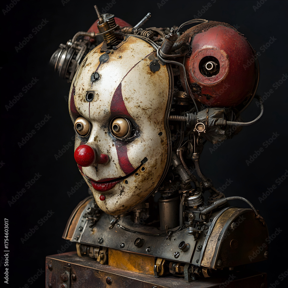 Fototapeta premium Steampunk robotic clown head with gears and rusted machinery