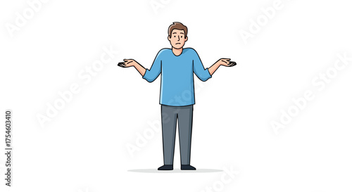 Illustration of a confused man shrugging his shoulders, expressing uncertainty or doubt. A cartoon character making a 'don't know' gesture on a white background