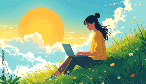 A peaceful illustration of a girl working on her laptop in a sunny field, symbolizing the flexibility and freedom of remote jobs and the work from anywhere movement