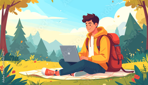 Work from Anywhere Young Man with Laptop Enjoying Nature