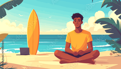 Work From Anywhere Serene Beach Meditation with Surfboard and Laptop