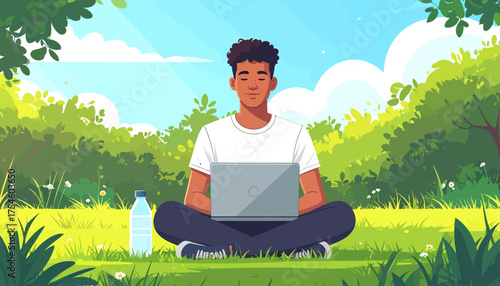A young man enjoys the freedom to work from anywhere. Seated with his laptop in a tranquil park, he embodies remote productivity and a flexible, balanced life