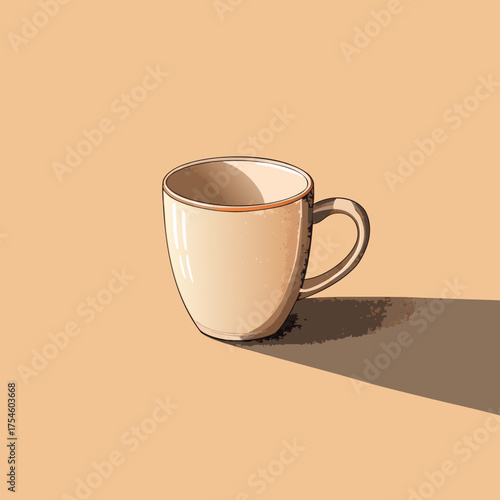Hand-Drawn Single Ceramic Coffee Cup and Saucer with Long Shadow on a Neutral Background
