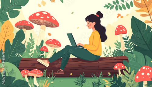 Work from anywhere Woman using laptop surrounded by mushrooms in a whimsical forest setting