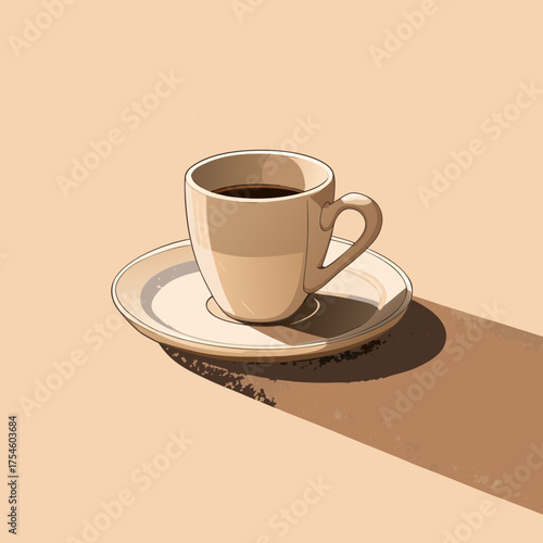 Hand-Drawn Single Ceramic Coffee Cup and Saucer with Long Shadow on a Neutral Background