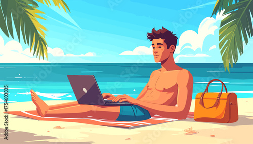 Man working remotely on a laptop at the beach, embracing the work from anywhere lifestyle