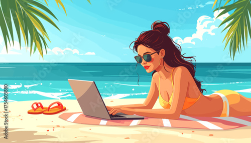Illustration of a freelancer on vacation, working on her laptop by the sea against a beautiful tropical summer pattern background