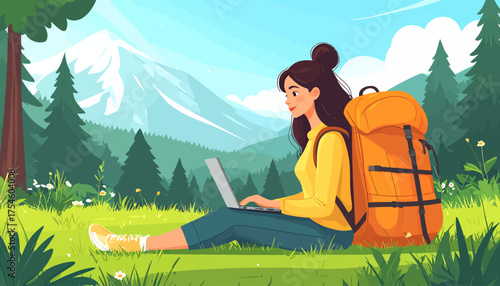 Illustrative cartoon scene of a woman working remotely in a serene mountain landscape, featuring a vibrant nature pattern background ideal for digital nomad and technology themes