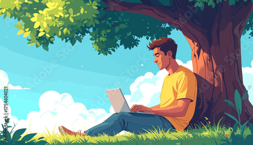 Pattern Background of Man Working on Laptop Under a Tree on Sunny Day