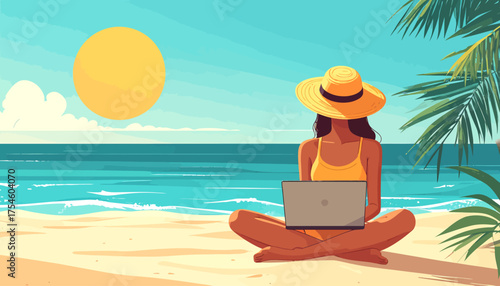 Illustration of a woman working remotely on a laptop on a beach with a tropical pattern background during a sunny day