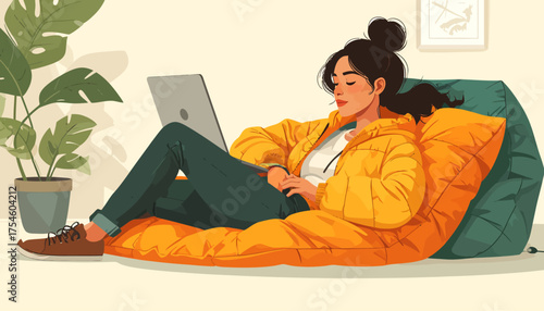 Productive comfort a woman works on her laptop, embodying the ability to work from anywhere with modern flexibility