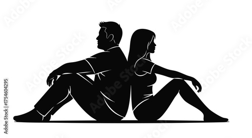 Silhouette of a man and woman sitting back to back, representing a couple's argument, communication breakdown, and relationship crisis