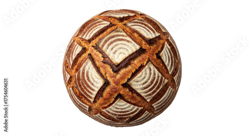 Bilde på lerret Isolated loaf of crusty sourdough bread with decorative scoring pattern, perfect